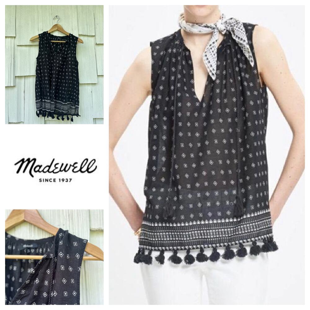Madewell Scatterblock‎ Tassel Top Black White Cotton Sleeveless Summer Size XXS